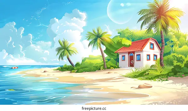 Tropical Beach House With Palm Trees And Blue Sky