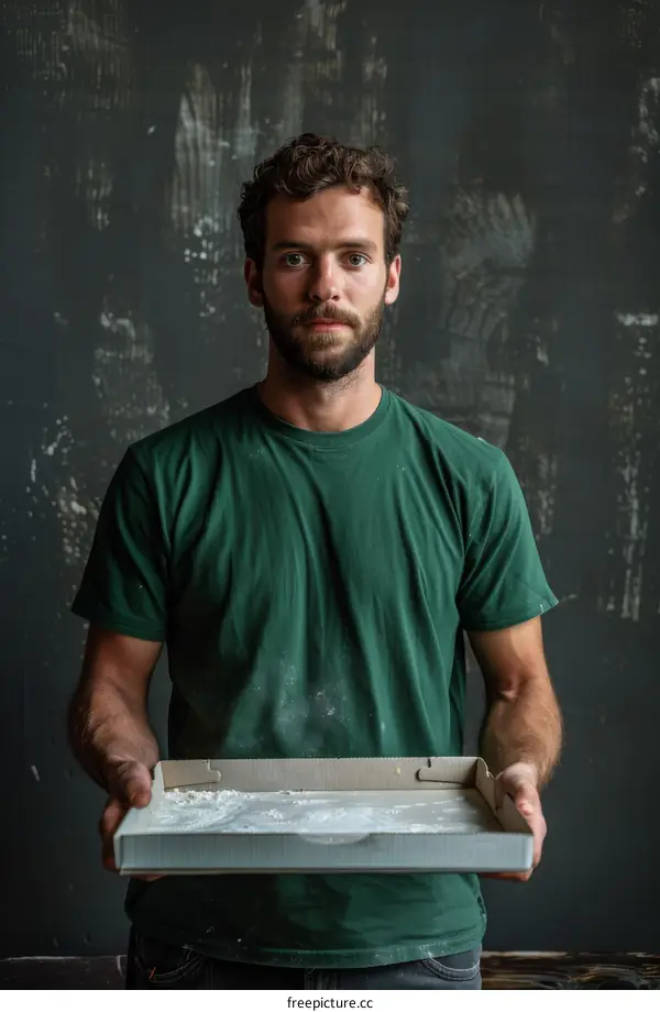 Portrait of a male baker holding an empty pizza box