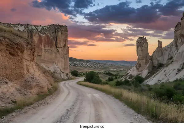 Sunset Over Valley With Winding Road And Tall Cliffs