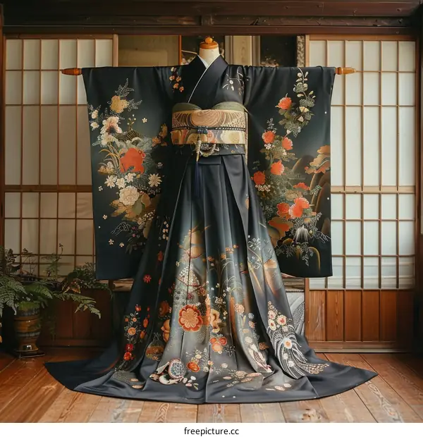 A kimono with a floral pattern and a long train.