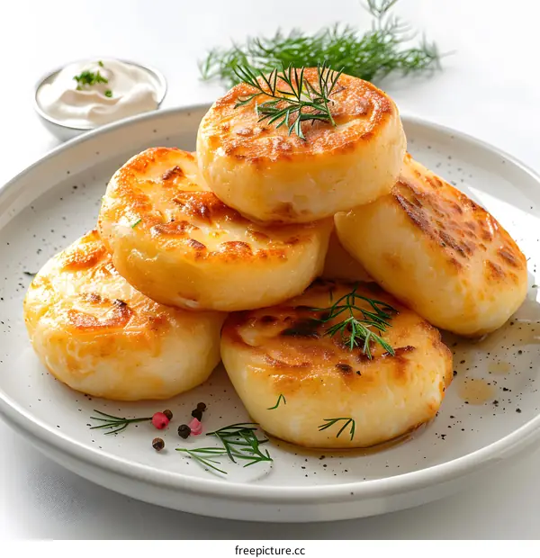 A plate of potato pancakes with sour cream