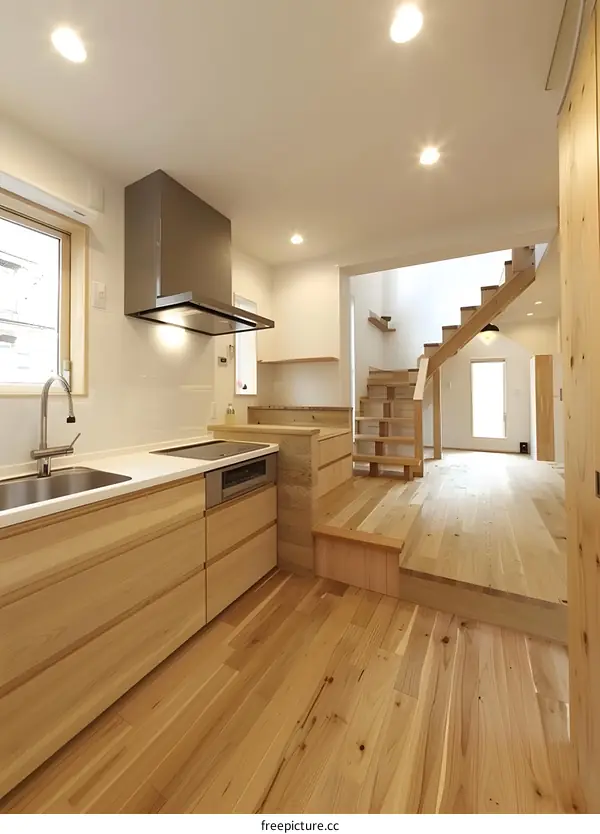 Modern Kitchen Interior Design with Wooden Flooring and Staircase