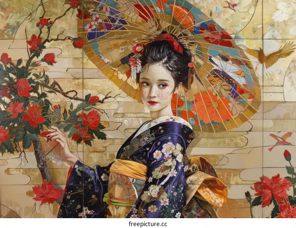 An Asian woman holding a red umbrella with a floral pattern and wearing a kimono with a floral pattern standing in front of a gold background with red and white flowers.
