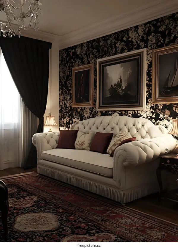 Elegant Living Room Interior Design with White Sofa and Floral Wallpaper