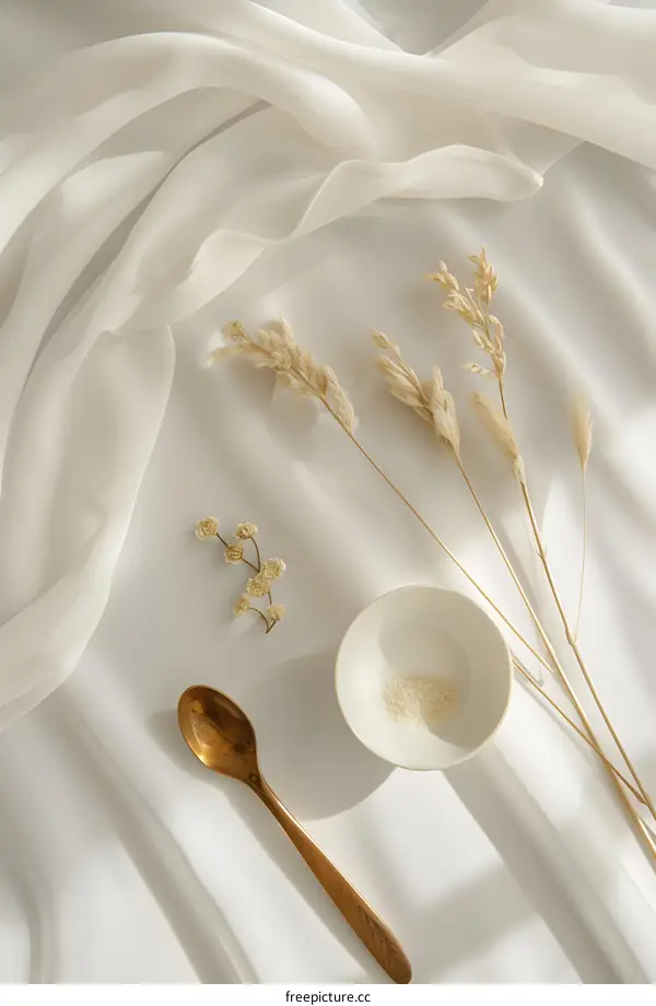 White Fabric Background With Spoon and Dried Flowers
