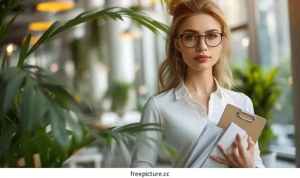 portrait of a young businesswoman holding a clipboard with documents