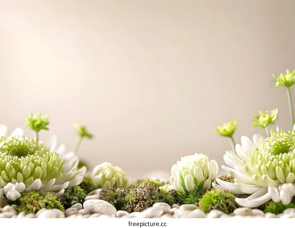 White Flowers with Green Leaves and Pebbles on a Beige Background