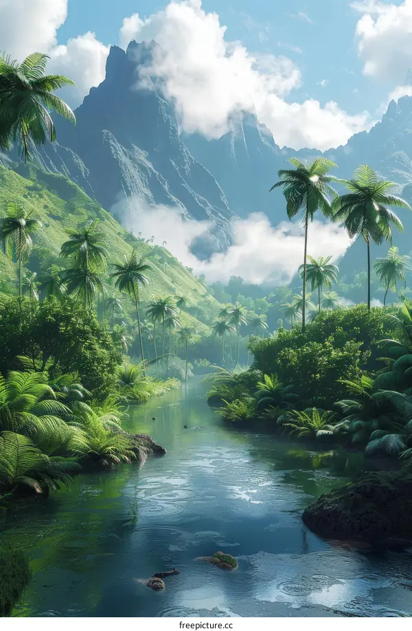 Lush Tropical Island Paradise with River and Mountains