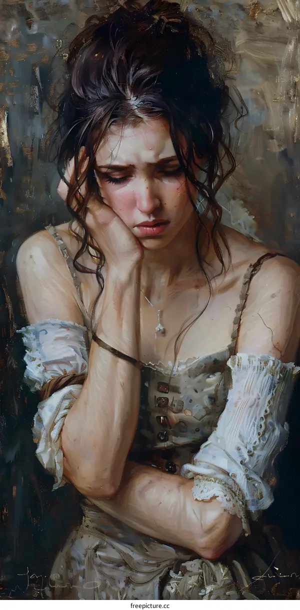 An oil painting of a woman in a white dress with brown hair and a sad expression on her face