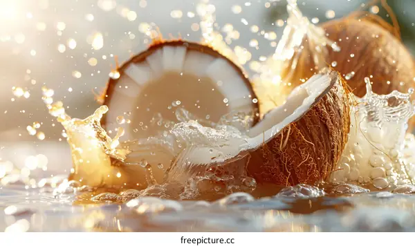 Coconut halves in water with a splash