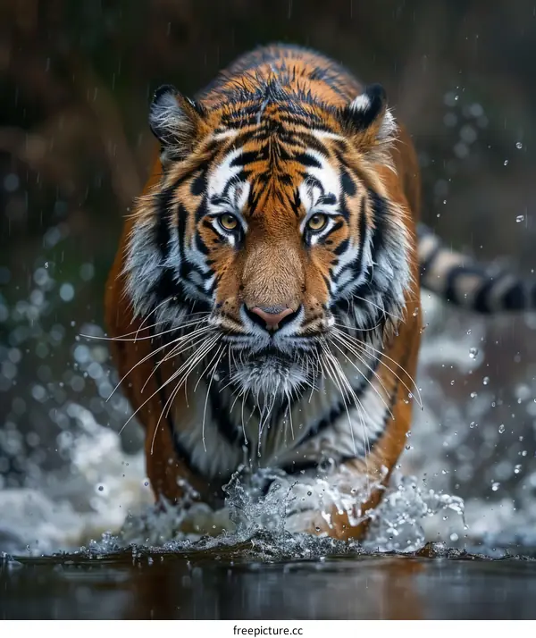 A tiger is walking through a river