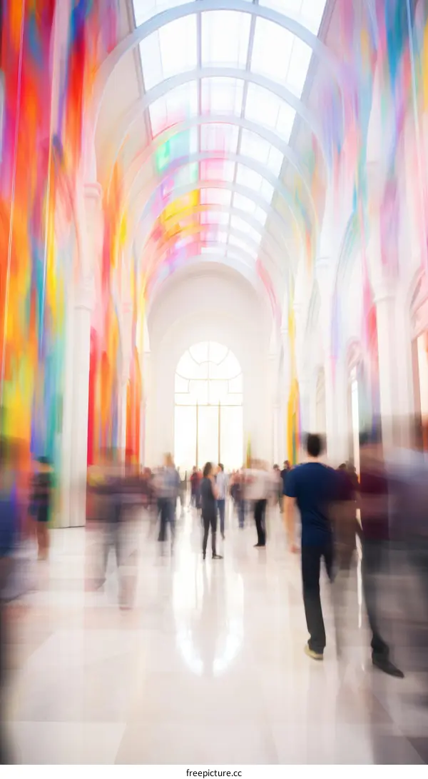 Colorful Blurred People Walking Through Hallway