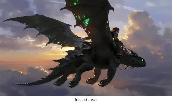 A Rider on a Dark Dragon Flying Over Clouds at Sunset