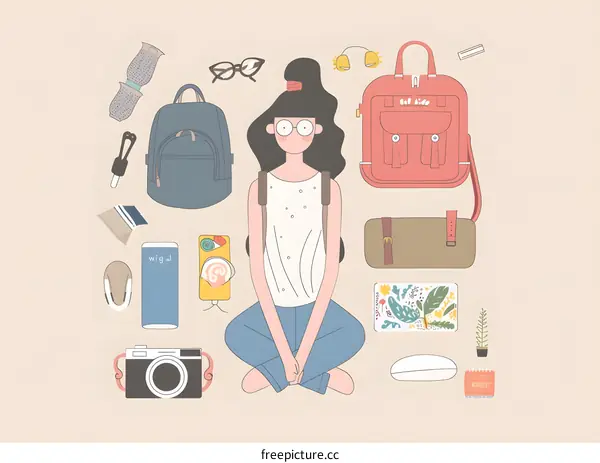Girl Sitting with Backpack and Travel Items