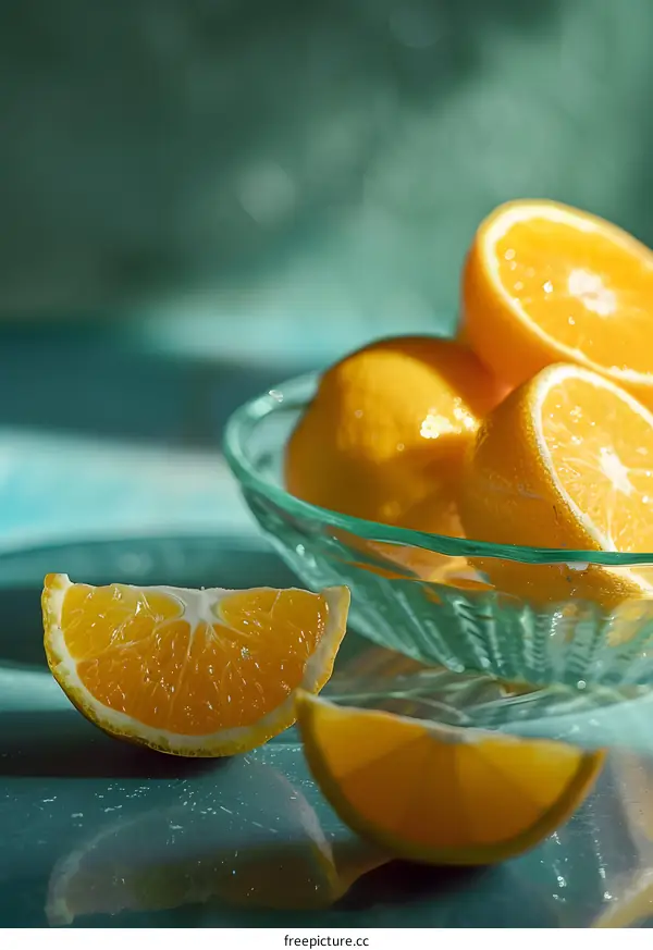 Fresh Orange Slices in a Glass Bowl on Teal Background