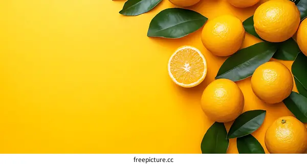 Fresh Orange Fruits with Leaves on Yellow Background
