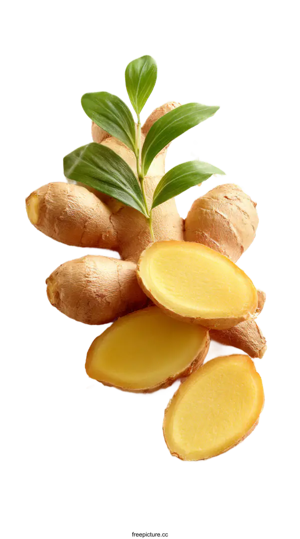 [Transparent Background PNG]Fresh Sliced Ginger Root with Leaves