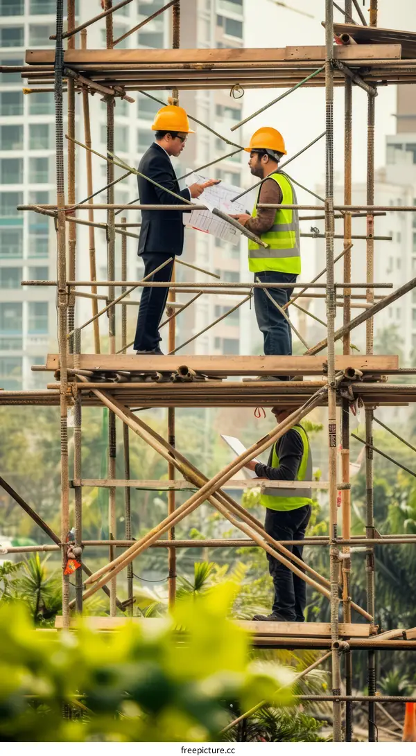 Two construction workers wearing hard hats and safety vests are working on a building under construction