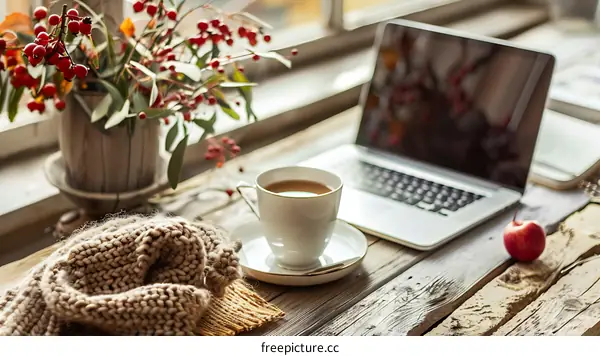 Cozy Autumn Workspace With Coffee and Laptop