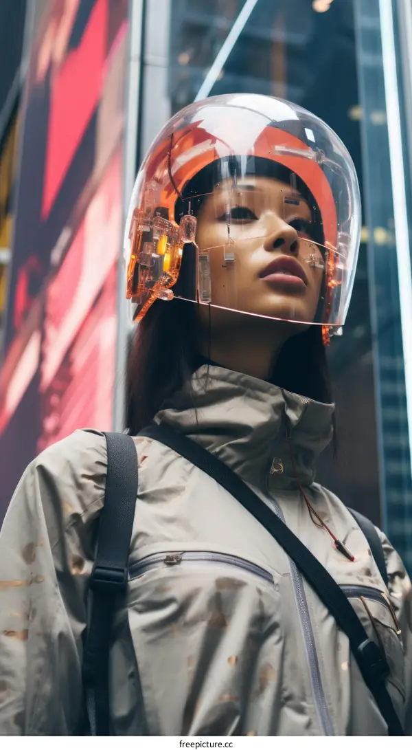 A young woman wearing a transparent helmet looks up at a building