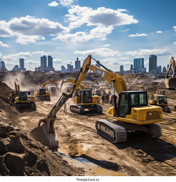 A group of construction workers are using heavy machinery to dig a large hole in the ground. In the background, there is a tall building and a blue sky.