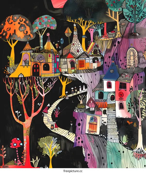 Fantasy Village Illustration with Colorful Houses and Trees