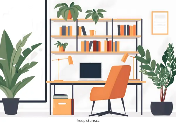 Home Office Workspace with Plants, Books and Desk Lamp