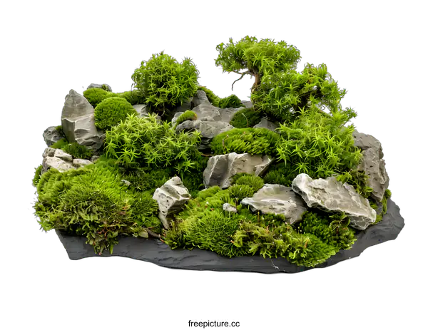 [Transparent Background PNG]Green Moss and Stone Miniature Landscape