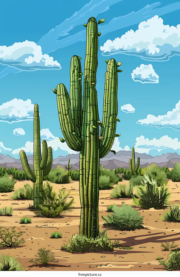 Cactus Landscape Illustration, Desert Scene with Tall Green Cacti Under a Blue Sky