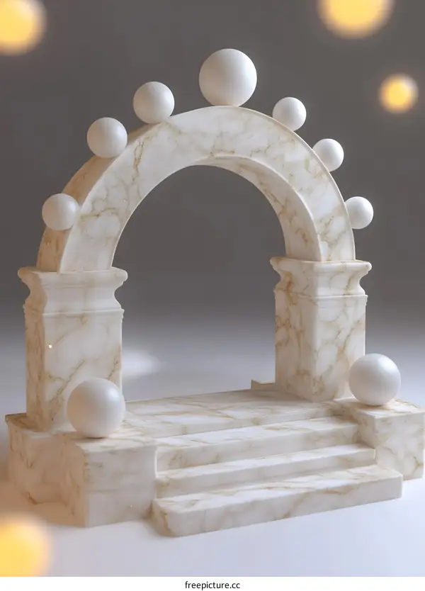 White Marble Arch with Gold Veins and White Spheres