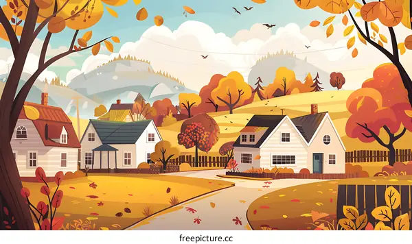 Autumn Landscape with Houses and Trees