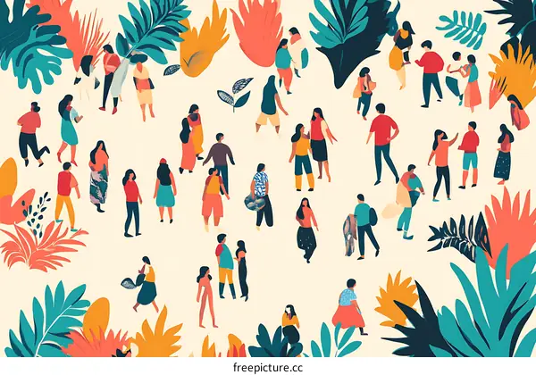 Diverse Crowd of People Illustration With Tropical Leaves Background