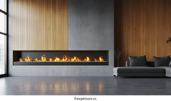 Modern Living Room with Fireplace and Concrete Wall