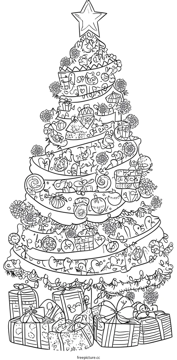Christmas Tree With Gifts and Ornaments Coloring Page