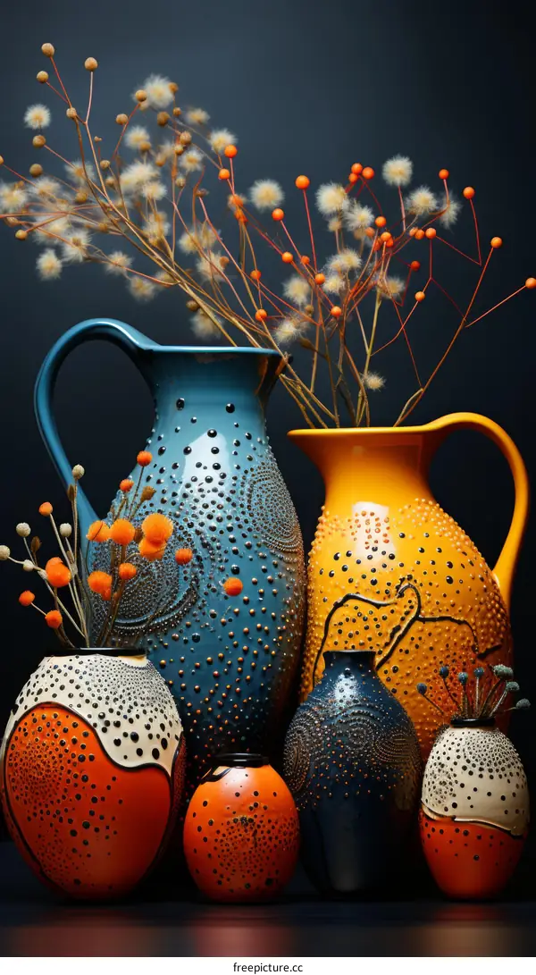 A beautiful still life of ceramic vases with dried plants