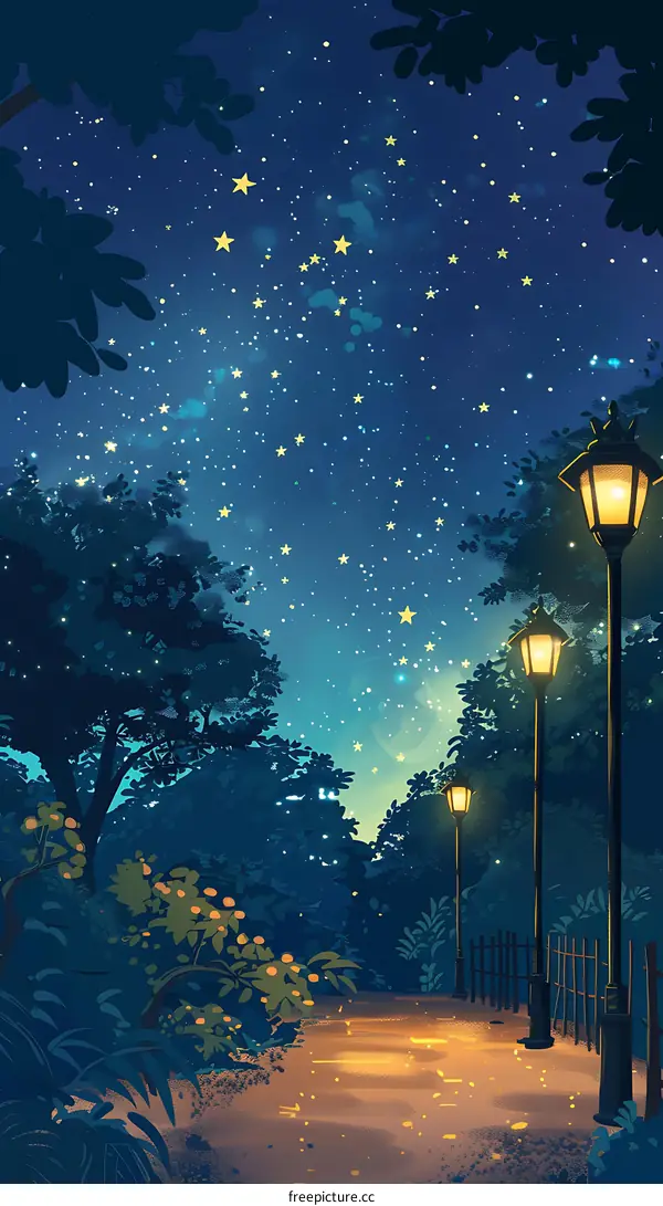 Night Sky Illustration With Stars And Lamp Posts