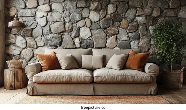 Rustic Living Room with Stone Wall Sofa