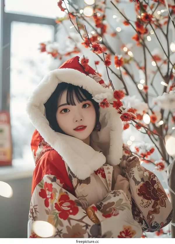 Young Woman Wearing a Red and White Winter Jacket with Flowers Pattern