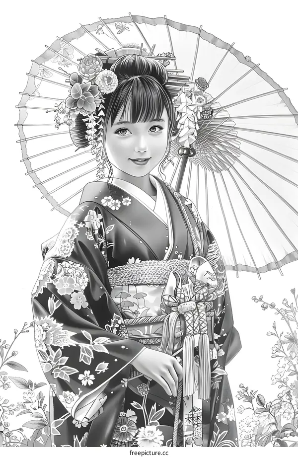 Black and white sketch of a Japanese woman wearing a kimono and holding an umbrella