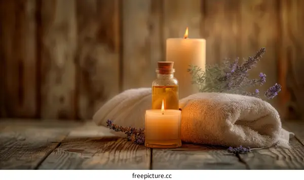 Still life of spa treatment with burning candles and lavender flowers