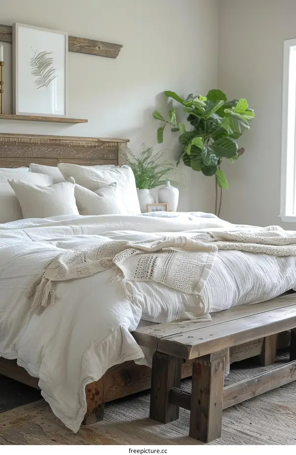 Cozy Neutral Bedroom with White Bedding and Plants