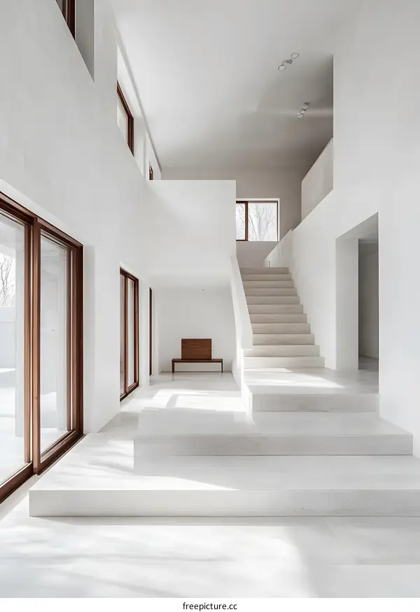 Modern Minimalist Interior Design Staircase White Walls and Wooden Windows