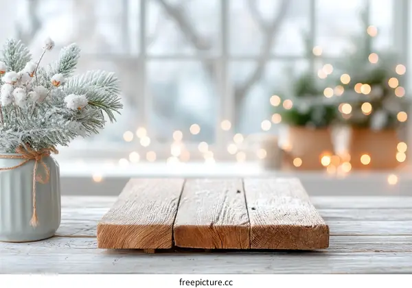 Winter Holiday Wooden Table Display with Christmas Decorations