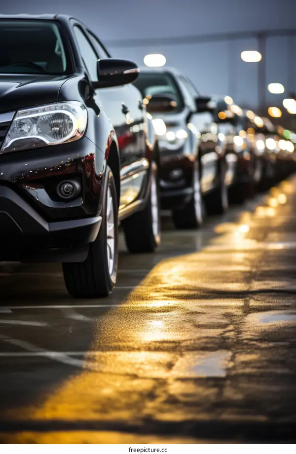 A row of parked cars in a parking lot at night with headlights on
