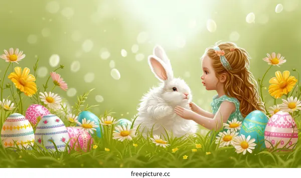 Little girl with a rabbit in the meadow