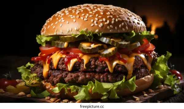 yummy double cheeseburger with pickles closeup