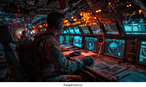 A soldier operates a sophisticated control panel in the cockpit of an aircraft.