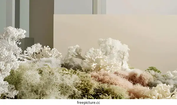 White and Green Moss Landscape with Beige Background