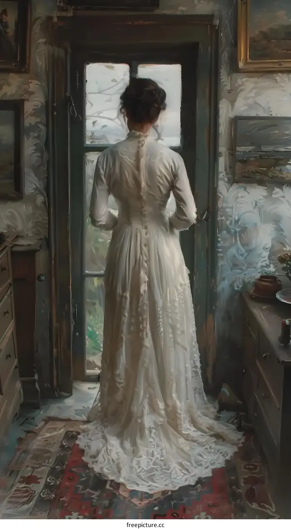 A woman wearing a white dress is standing in front of a door