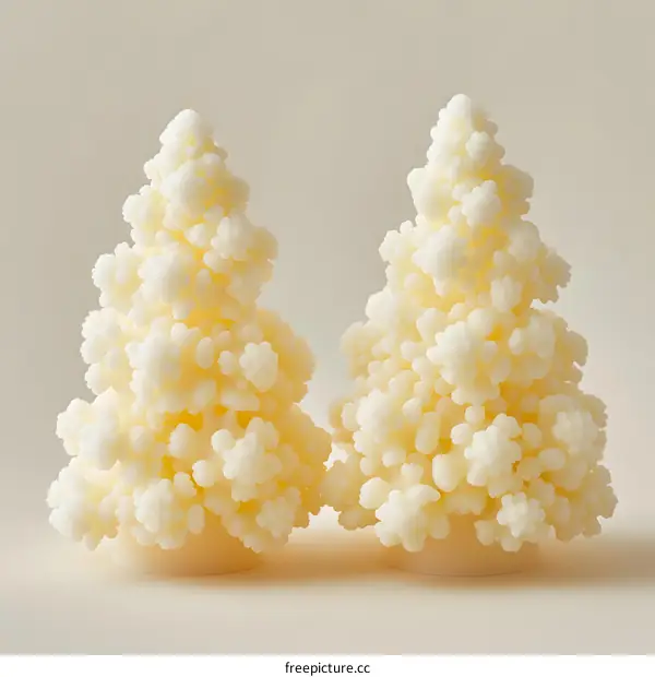 Two handmade white wax Christmas trees